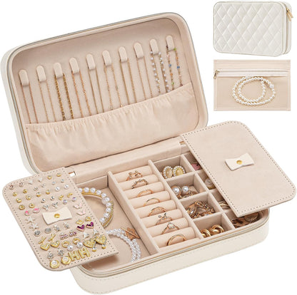 Travel Jewelry Case for Women Girls, Travel Jewelry Organizer Box with Mirror & Clear Storage Bag, Small Portable Earring Necklace Bracelet Ring Case, Birthday Valentine Gifts -Large, White