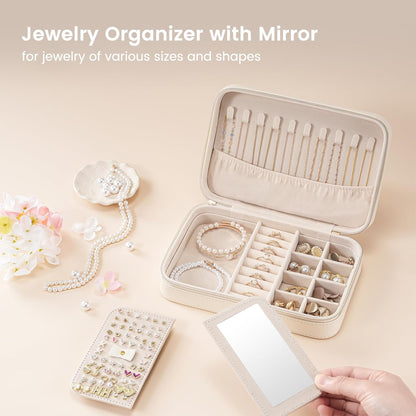 Travel Jewelry Case for Women Girls, Travel Jewelry Organizer Box with Mirror & Clear Storage Bag, Small Portable Earring Necklace Bracelet Ring Case, Birthday Valentine Gifts -Large, White