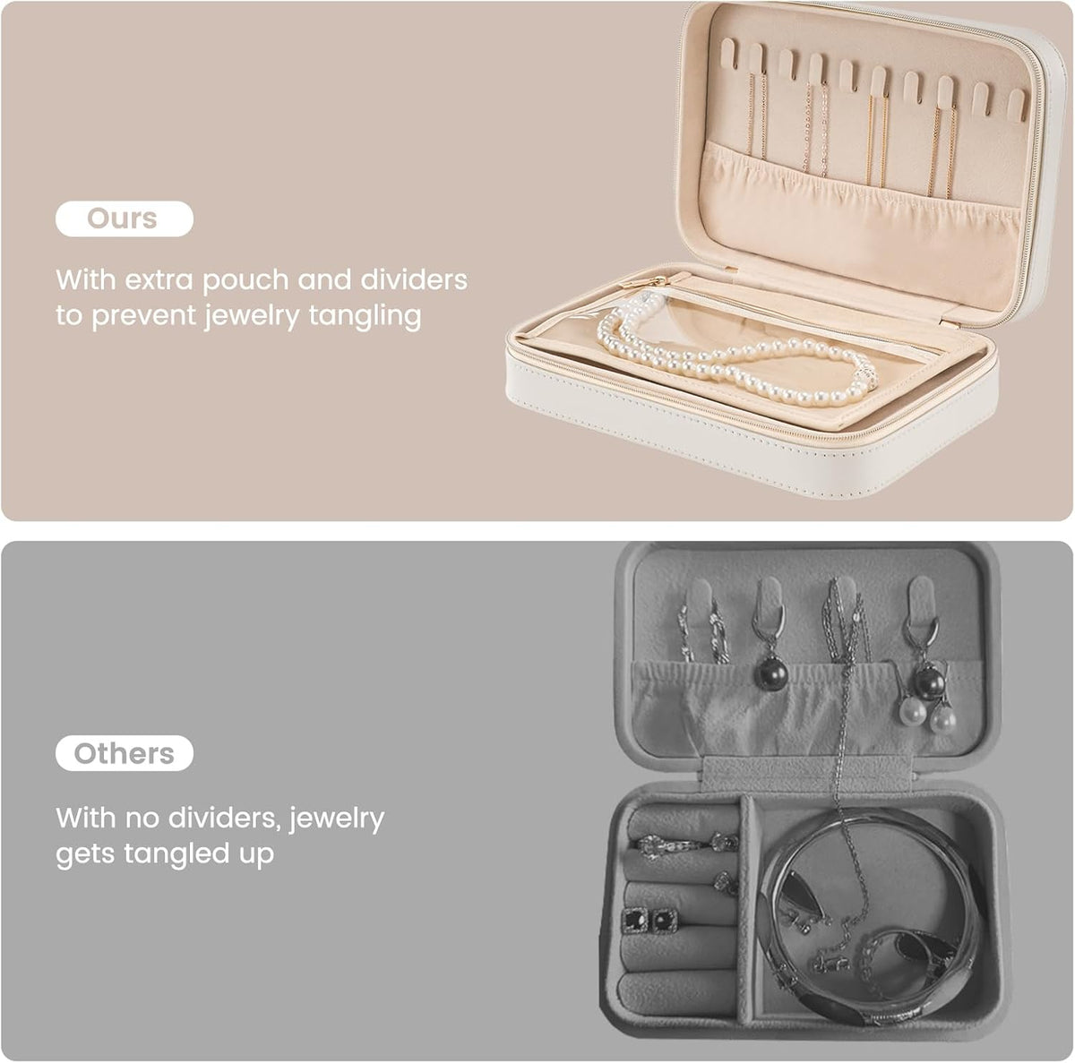 Travel Jewelry Case for Women Girls, Travel Jewelry Organizer Box with Mirror & Clear Storage Bag, Small Portable Earring Necklace Bracelet Ring Case, Birthday Valentine Gifts -Large, White