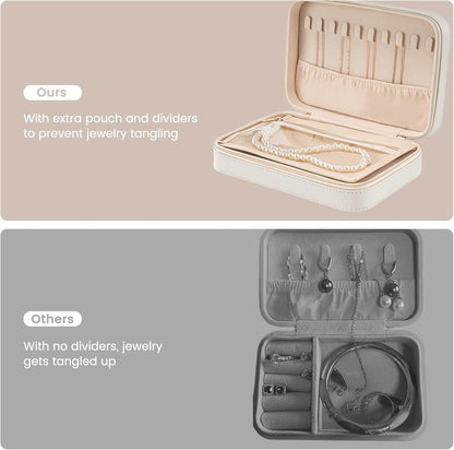 Travel Jewelry Case for Women Girls, Travel Jewelry Organizer Box with Mirror & Clear Storage Bag, Small Portable Earring Necklace Bracelet Ring Case, Birthday Valentine Gifts -Large, White