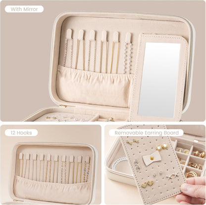 Travel Jewelry Case for Women Girls, Travel Jewelry Organizer Box with Mirror & Clear Storage Bag, Small Portable Earring Necklace Bracelet Ring Case, Birthday Valentine Gifts -Large, White