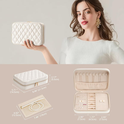 Travel Jewelry Case for Women Girls, Travel Jewelry Organizer Box with Mirror & Clear Storage Bag, Small Portable Earring Necklace Bracelet Ring Case, Birthday Valentine Gifts -Large, White