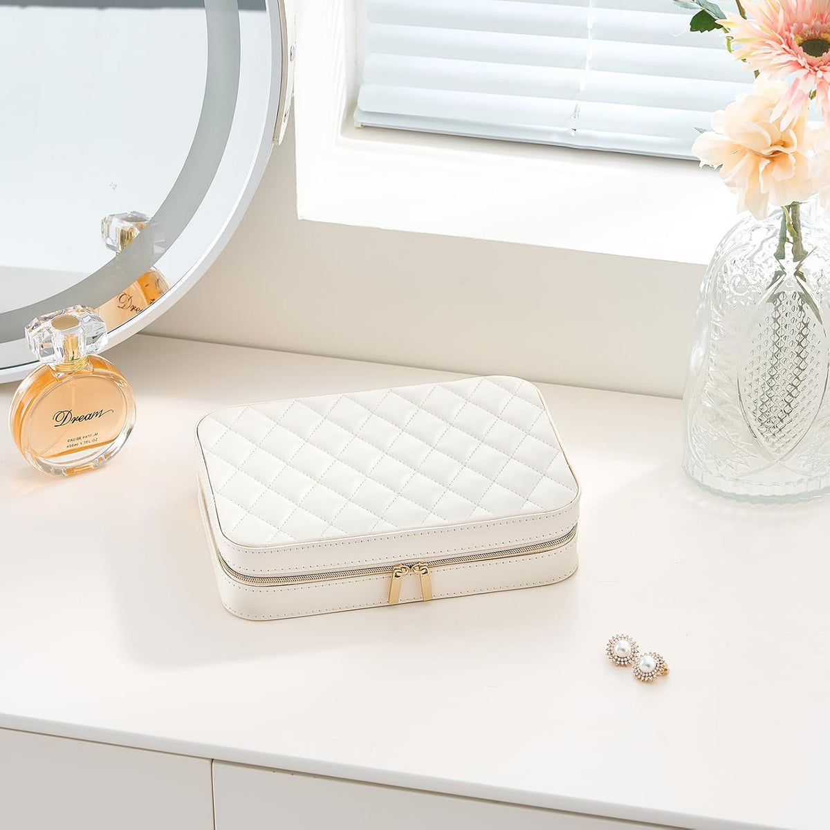 Travel Jewelry Case for Women Girls, Travel Jewelry Organizer Box with Mirror & Clear Storage Bag, Small Portable Earring Necklace Bracelet Ring Case, Birthday Valentine Gifts -Large, White