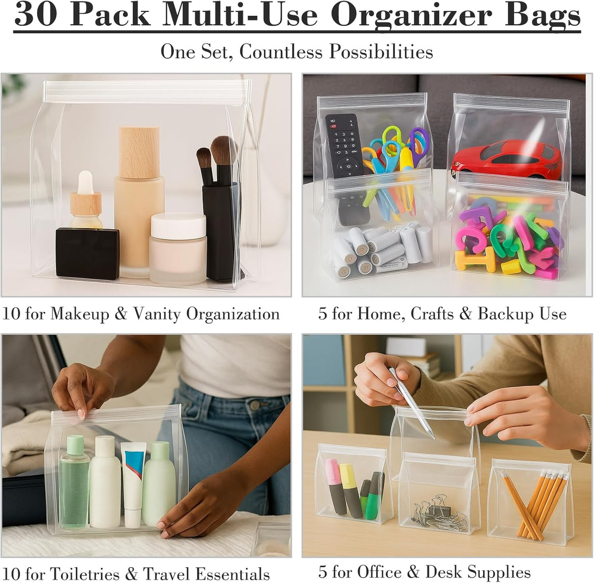 30 Pack Clear Makeup Bag Organizer Cosmetic Zipper Pouch TSA Approved Small Travel Pouches for Toiletries Transparent EVA Reusable Water-resistant Plastic Clear Gift Bags Bulk, 8.7” x 7” x 2.2”