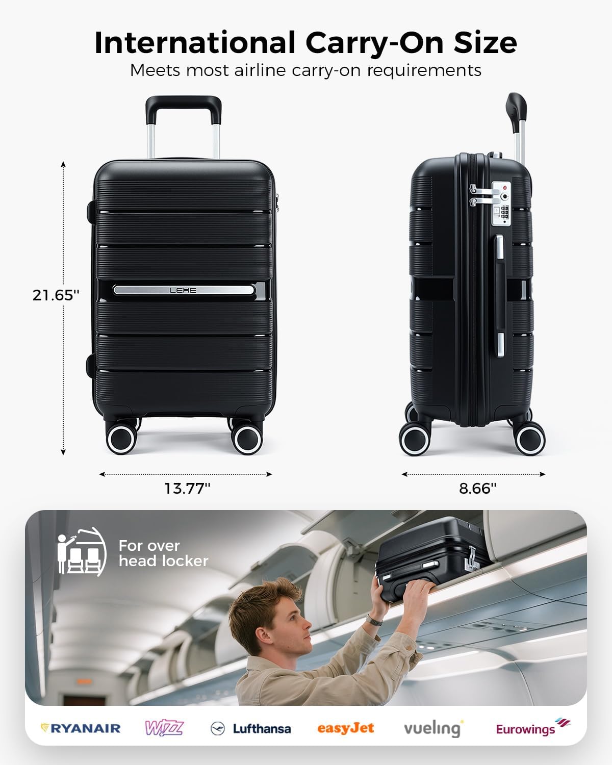 20 Inch Carry On Luggage with Spinner Wheels - Hard Shell Suitcase with TSA Lock, Airline Approved, Rolling Suit Case for Travel Weekend Trips, Black