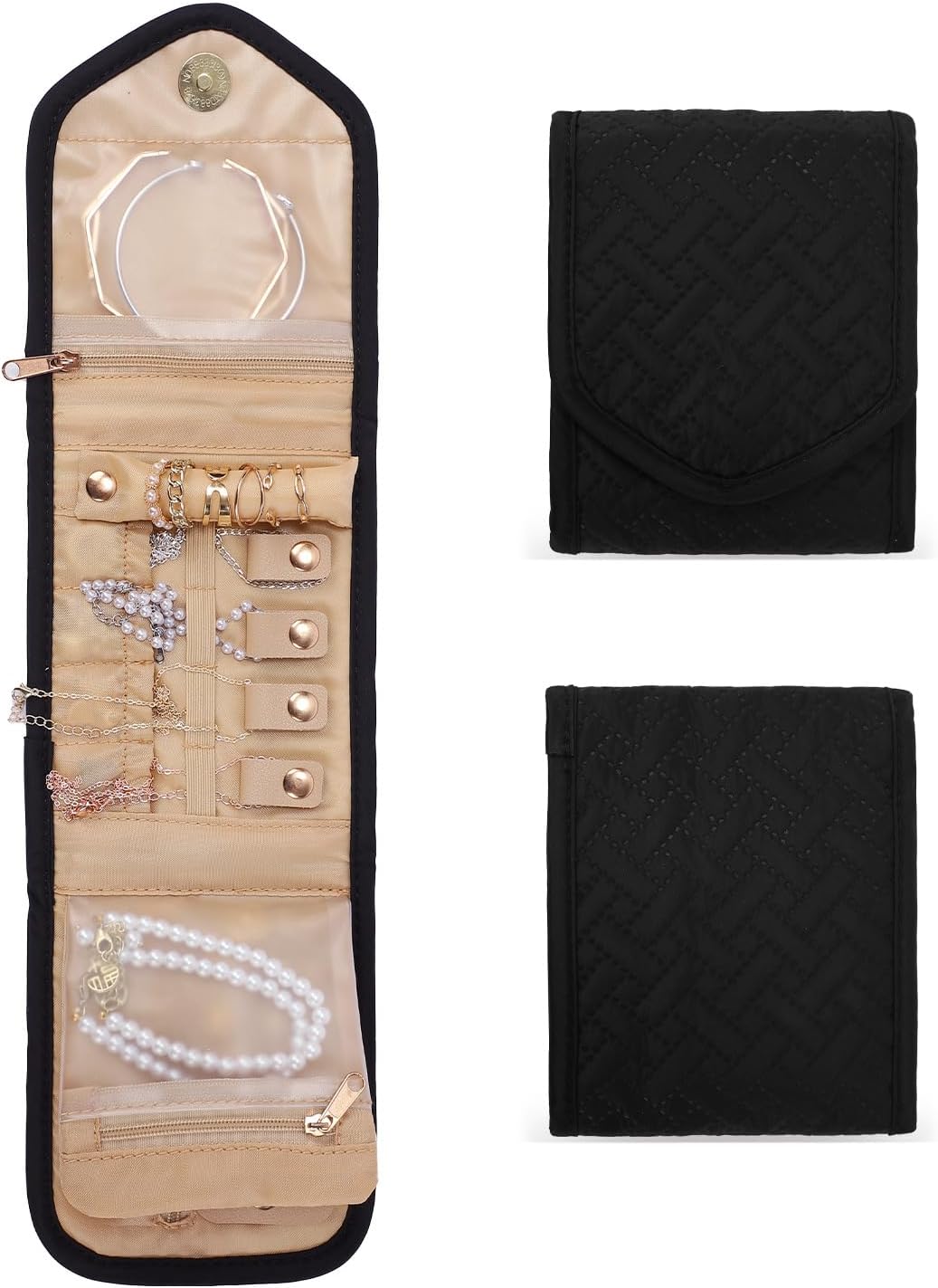 Travel Jewelry Case, Tangle-Free Organizer for Women, Black | 4 padded compartments, individual necklace hooks, ring rolls, soft polyester shell, water-repellent, holiday birthday gift