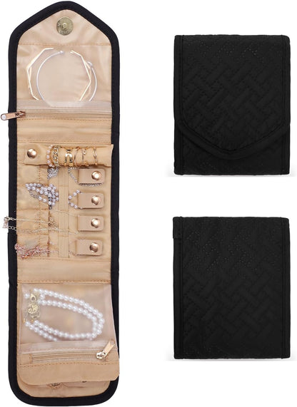 Travel Jewelry Case, Tangle-Free Organizer for Women, Black | 4 padded compartments, individual necklace hooks, ring rolls, soft polyester shell, water-repellent, holiday birthday gift