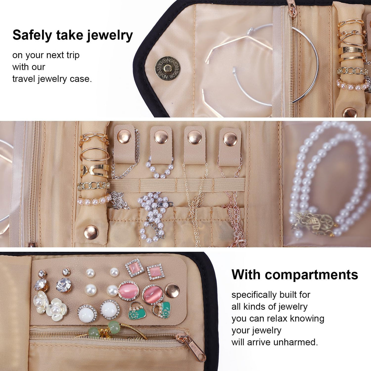 Travel Jewelry Case, Tangle-Free Organizer for Women, Black | 4 padded compartments, individual necklace hooks, ring rolls, soft polyester shell, water-repellent, holiday birthday gift