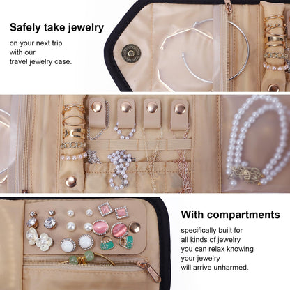 Travel Jewelry Case, Tangle-Free Organizer for Women, Black | 4 padded compartments, individual necklace hooks, ring rolls, soft polyester shell, water-repellent, holiday birthday gift