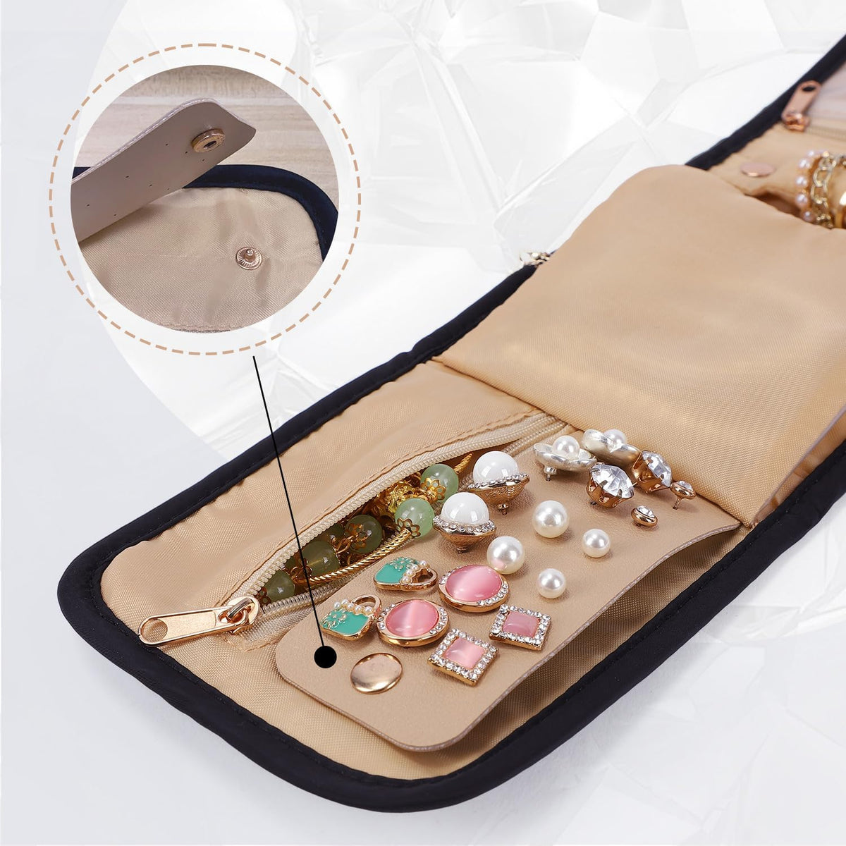 Travel Jewelry Case, Tangle-Free Organizer for Women, Black | 4 padded compartments, individual necklace hooks, ring rolls, soft polyester shell, water-repellent, holiday birthday gift