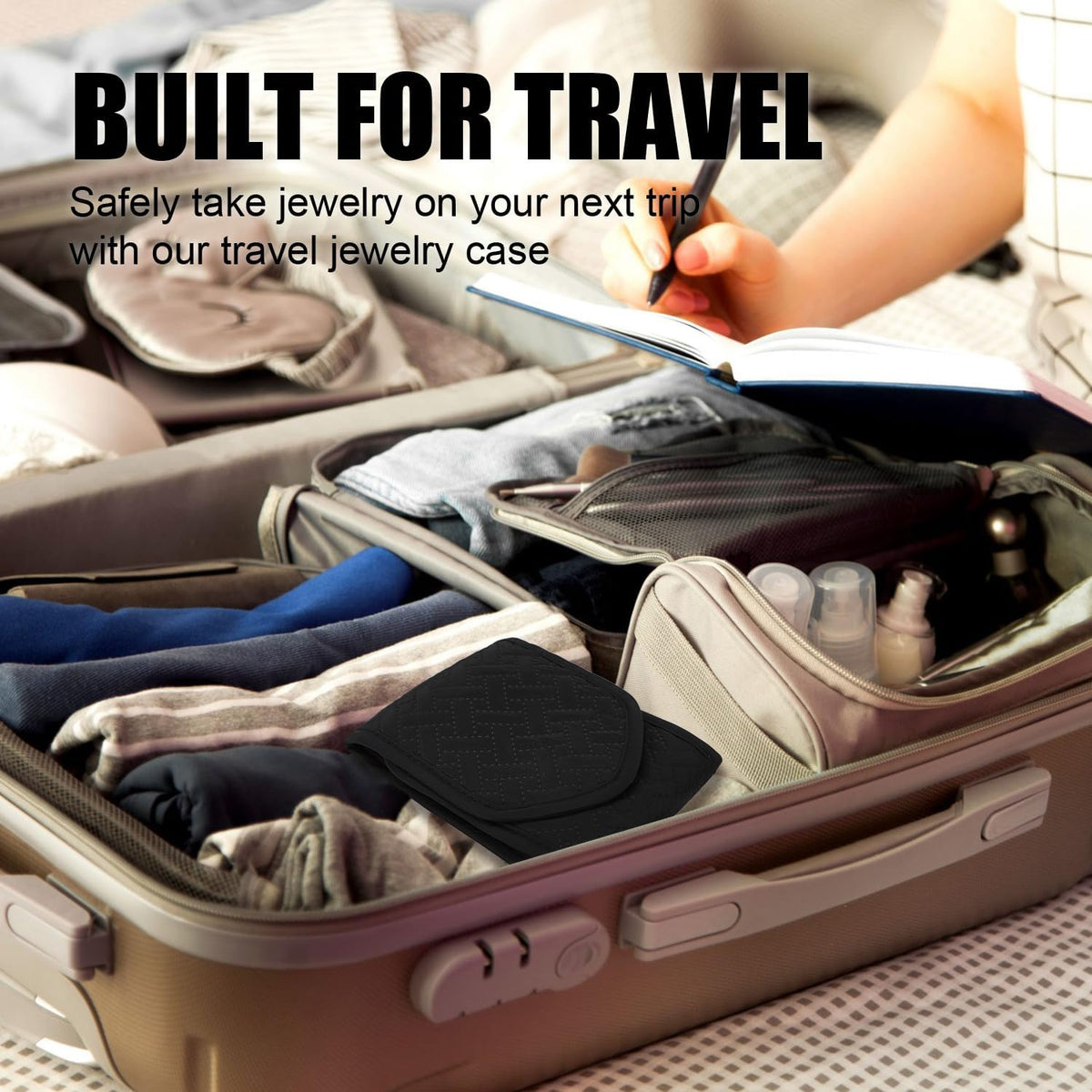 Travel Jewelry Case, Tangle-Free Organizer for Women, Black | 4 padded compartments, individual necklace hooks, ring rolls, soft polyester shell, water-repellent, holiday birthday gift