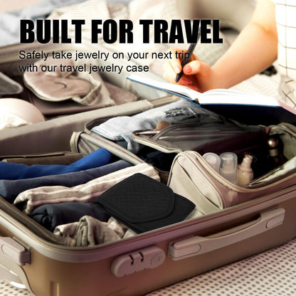 Travel Jewelry Case, Tangle-Free Organizer for Women, Black | 4 padded compartments, individual necklace hooks, ring rolls, soft polyester shell, water-repellent, holiday birthday gift