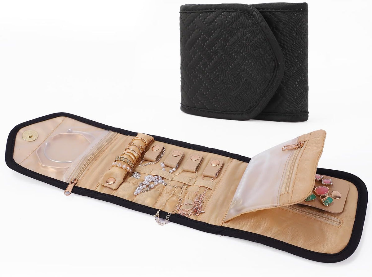 Travel Jewelry Case, Tangle-Free Organizer for Women, Black | 4 padded compartments, individual necklace hooks, ring rolls, soft polyester shell, water-repellent, holiday birthday gift