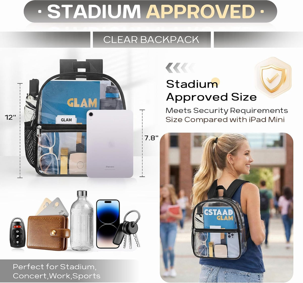 Oraben Small Clear Backpack for Stadium Events Stadium Backpack Waterproof 12x6x12 Clear Bag for Adult Concert Sport Work