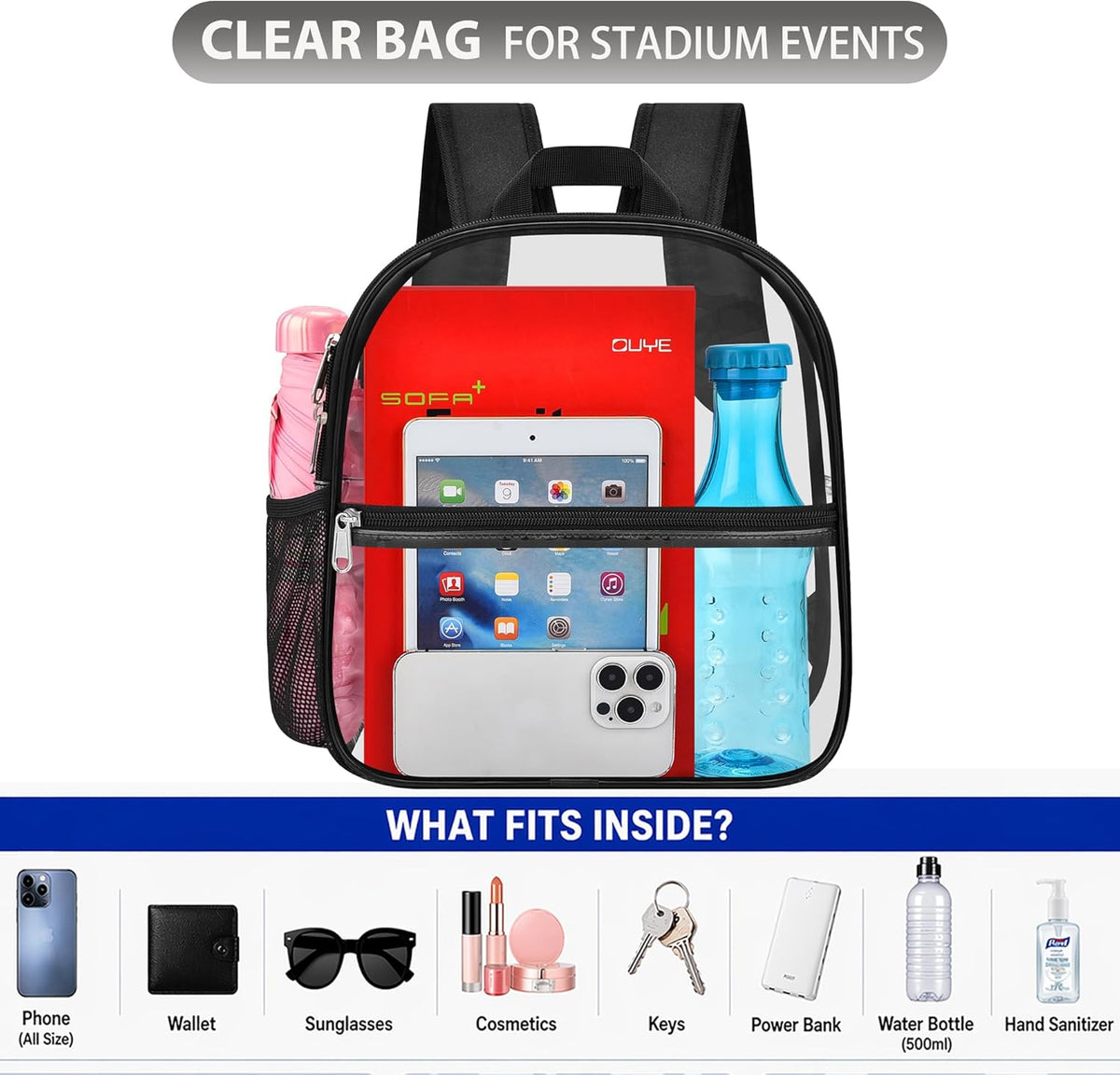 Oraben Small Clear Backpack for Stadium Events Stadium Backpack Waterproof 12x6x12 Clear Bag for Adult Concert Sport Work