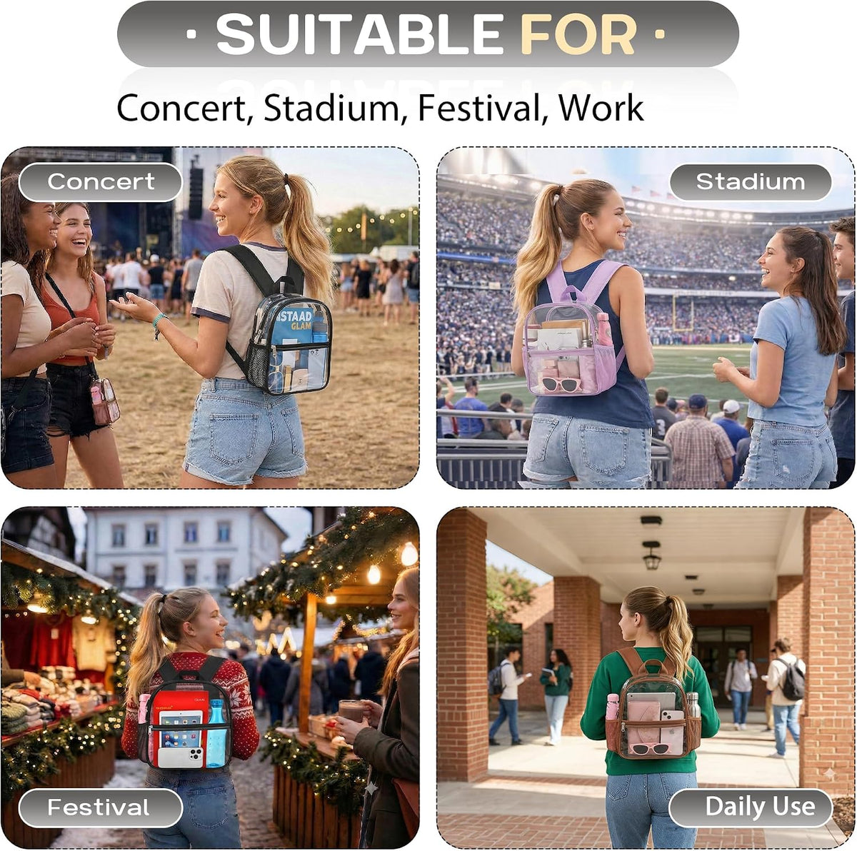 Oraben Small Clear Backpack for Stadium Events Stadium Backpack Waterproof 12x6x12 Clear Bag for Adult Concert Sport Work