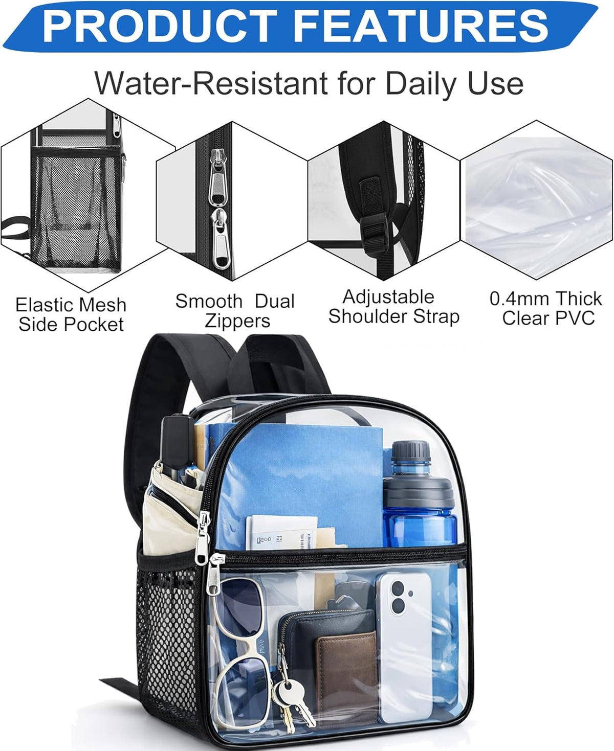 Oraben Small Clear Backpack for Stadium Events Stadium Backpack Waterproof 12x6x12 Clear Bag for Adult Concert Sport Work