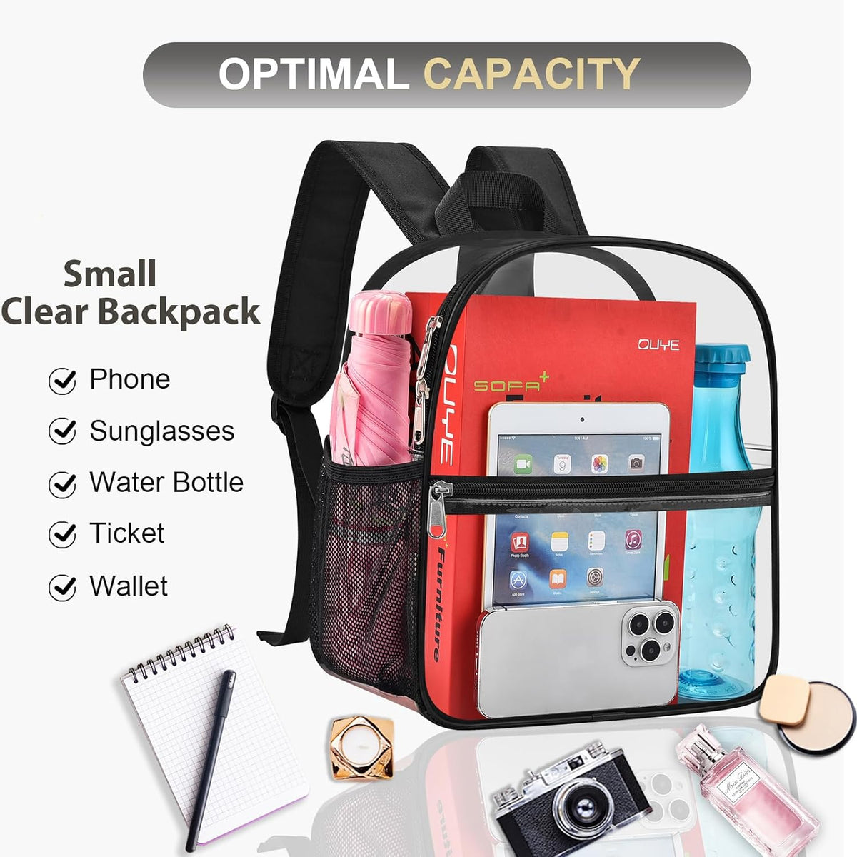 Oraben Small Clear Backpack for Stadium Events Stadium Backpack Waterproof 12x6x12 Clear Bag for Adult Concert Sport Work