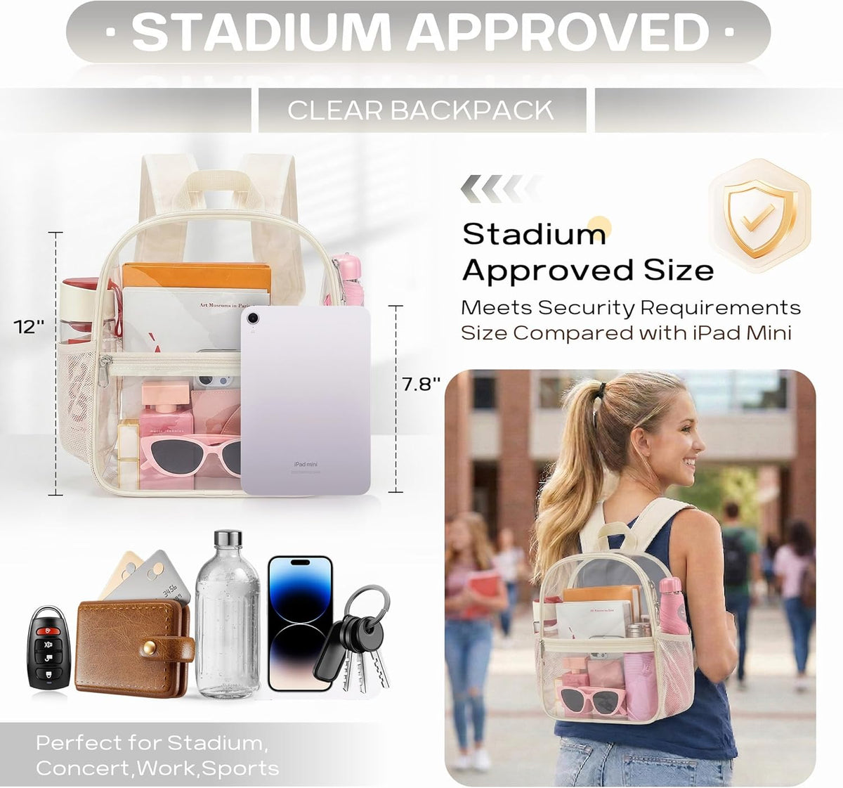 Oraben Small Clear Backpack for Stadium Events Stadium Backpack Waterproof 12x6x12 Clear Bag for Adult Concert Sport Work