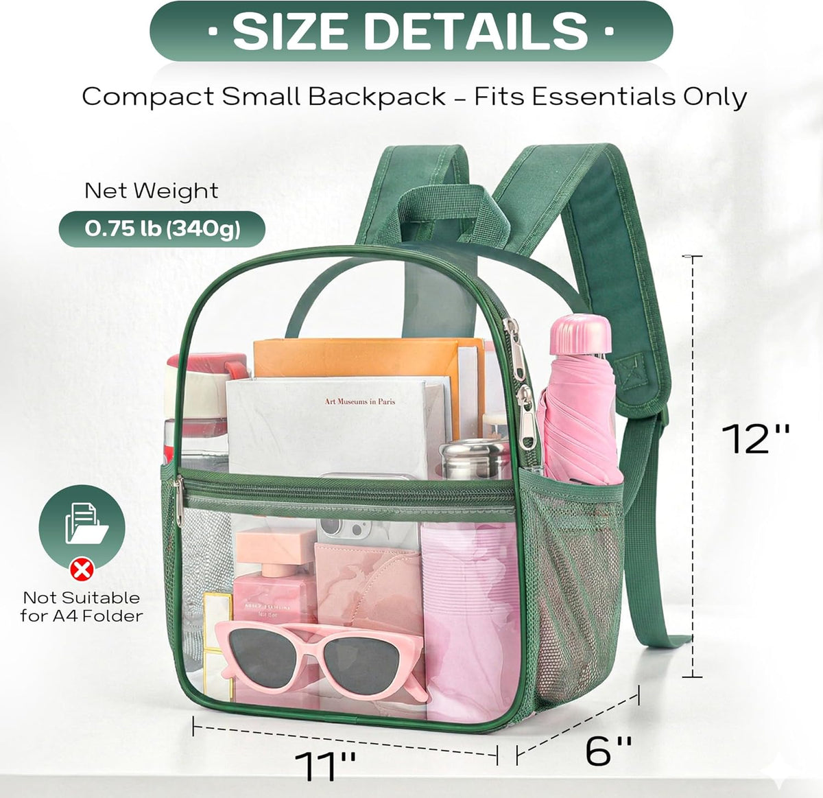 Oraben Small Clear Backpack for Stadium Events Stadium Backpack Waterproof 12x6x12 Clear Bag for Adult Concert Sport Work