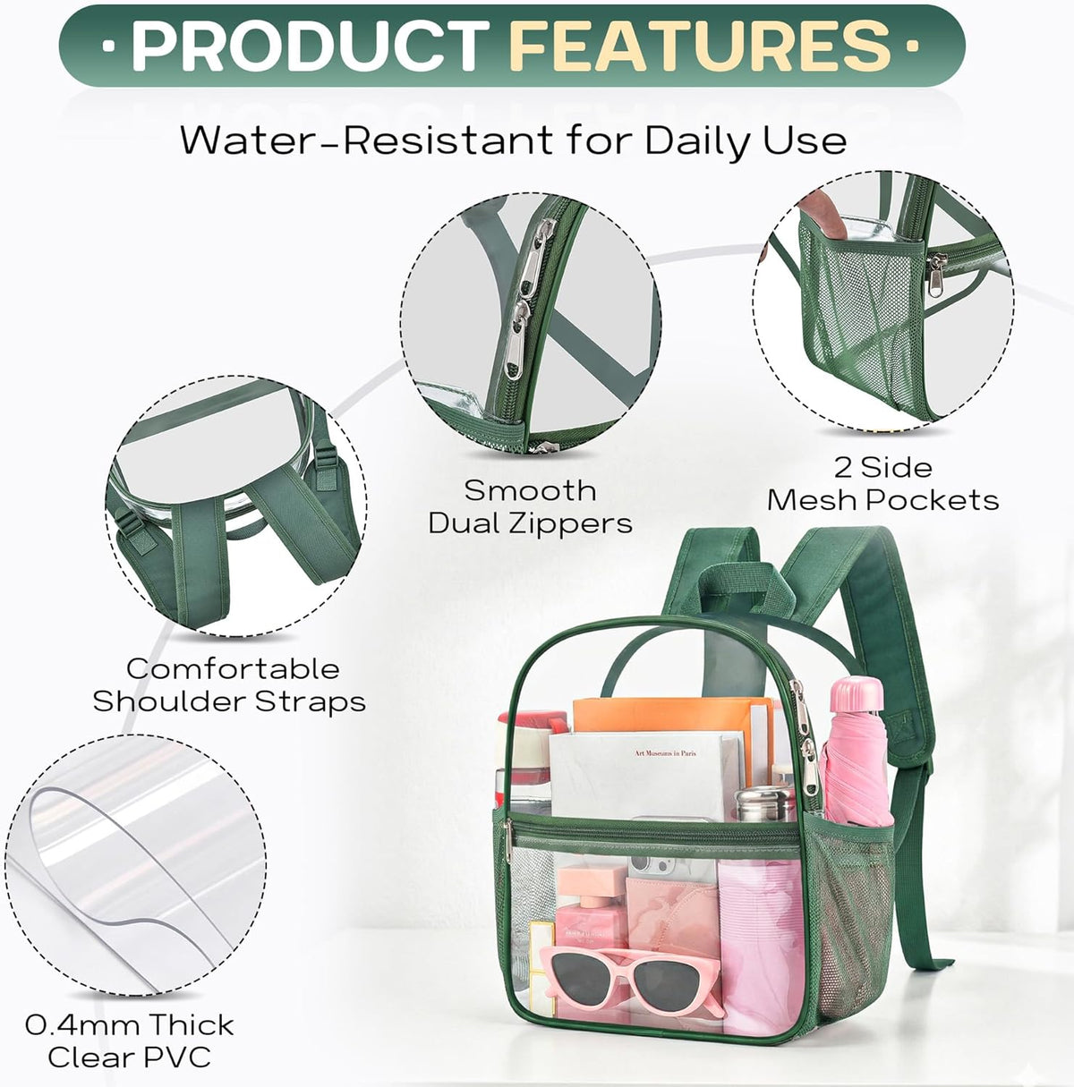 Oraben Small Clear Backpack for Stadium Events Stadium Backpack Waterproof 12x6x12 Clear Bag for Adult Concert Sport Work