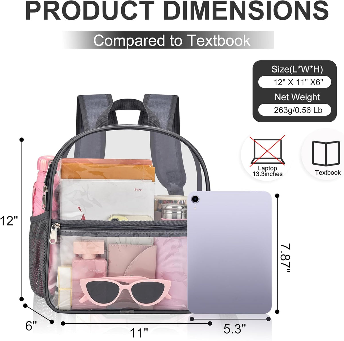 Oraben Small Clear Backpack for Stadium Events Stadium Backpack Waterproof 12x6x12 Clear Bag for Adult Concert Sport Work