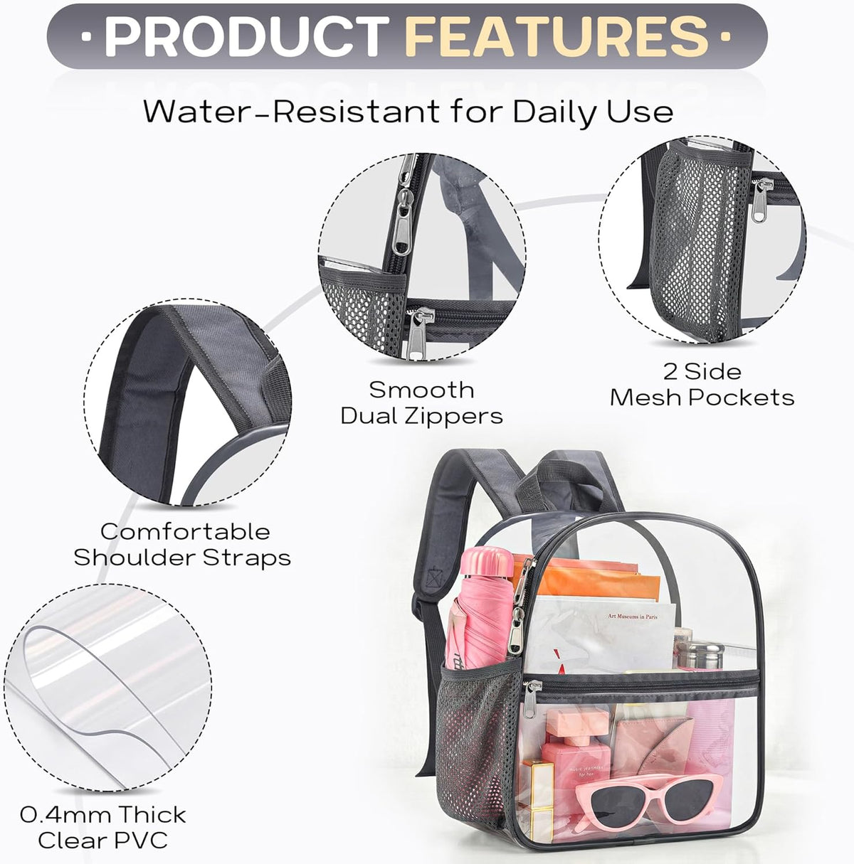 Oraben Small Clear Backpack for Stadium Events Stadium Backpack Waterproof 12x6x12 Clear Bag for Adult Concert Sport Work