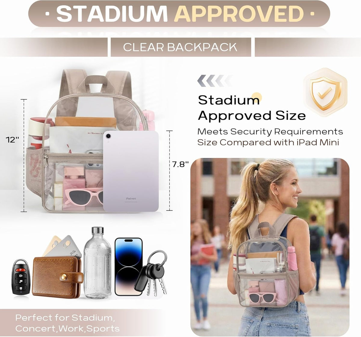 Oraben Small Clear Backpack for Stadium Events Stadium Backpack Waterproof 12x6x12 Clear Bag for Adult Concert Sport Work