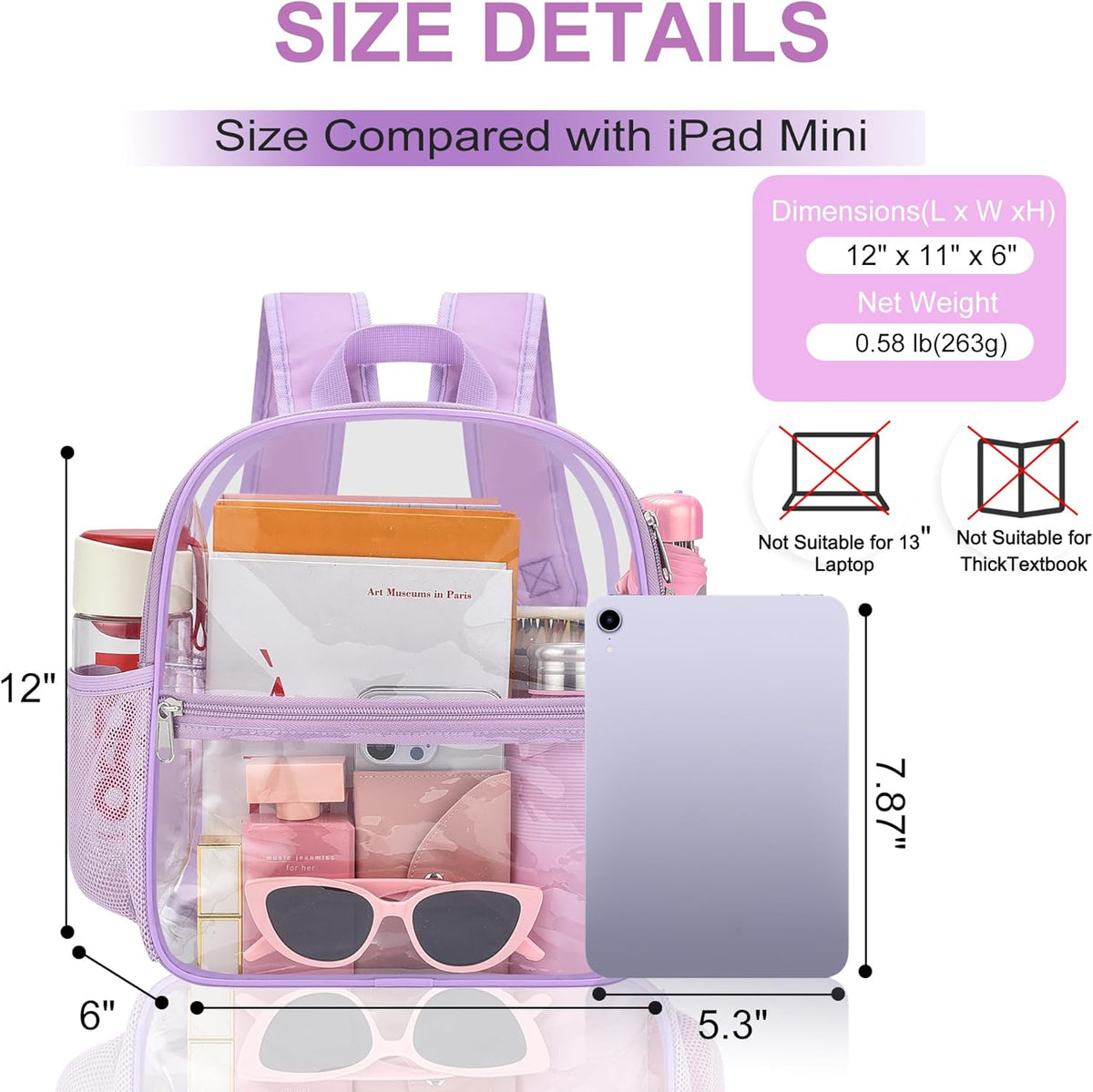 Oraben Small Clear Backpack for Stadium Events Stadium Backpack Waterproof 12x6x12 Clear Bag for Adult Concert Sport Work