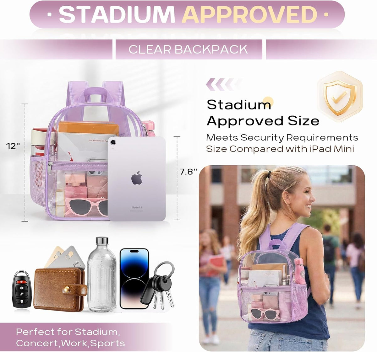 Oraben Small Clear Backpack for Stadium Events Stadium Backpack Waterproof 12x6x12 Clear Bag for Adult Concert Sport Work