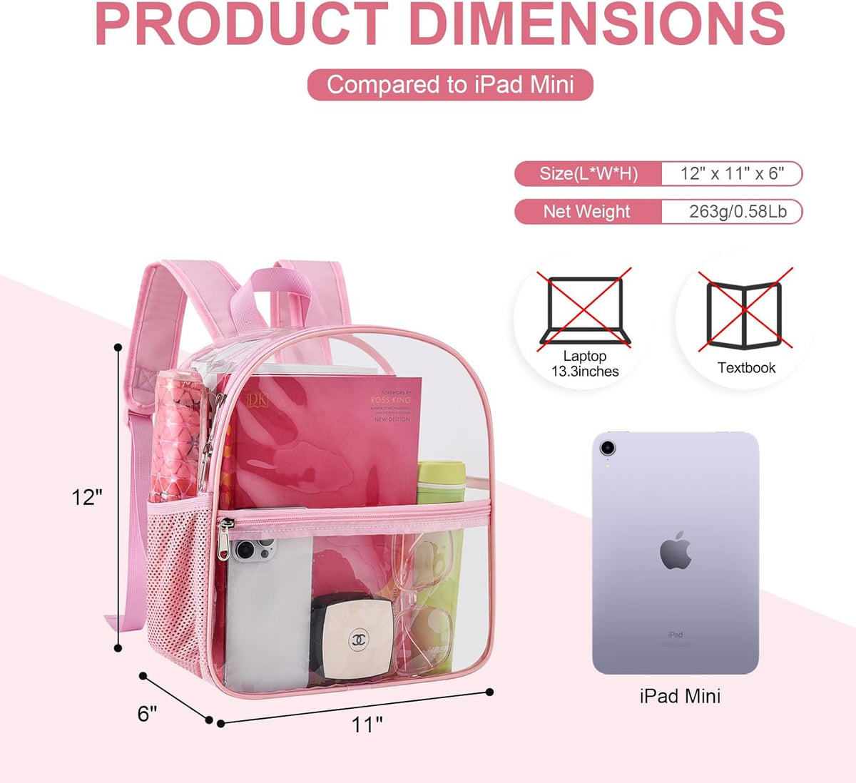 Oraben Small Clear Backpack for Stadium Events Stadium Backpack Waterproof 12x6x12 Clear Bag for Adult Concert Sport Work