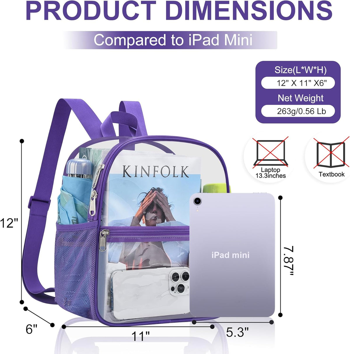 Oraben Small Clear Backpack for Stadium Events Stadium Backpack Waterproof 12x6x12 Clear Bag for Adult Concert Sport Work