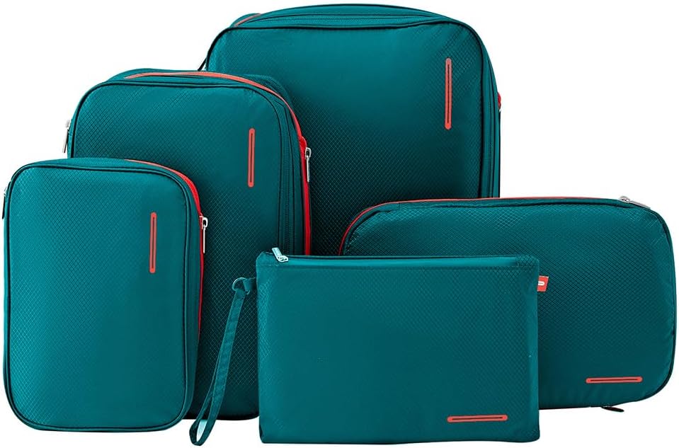 Waterproof Compression Packing Cubes 5/6/8 sets, Large Travel Packing organizers for Carry on Luggage, 2 Sides Expandable Storage Bags (Dark Green, G5set)