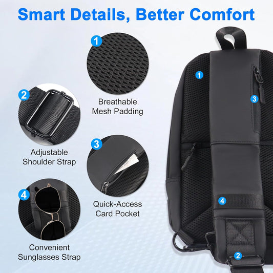 Sling Chest Backpack with USB Charging Port, Crossbody Bag for Men & Women, Waterproof Daypack for Travel, Hiking, Outdoor, Sports, Cycling, Daily Use, Black