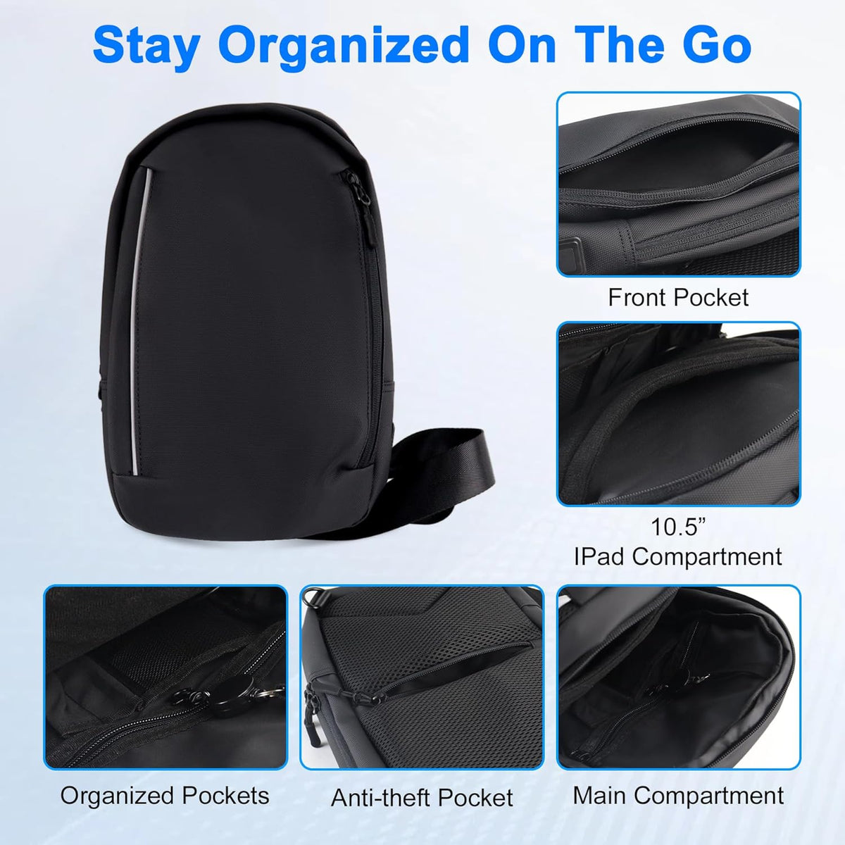 Sling Chest Backpack with USB Charging Port, Crossbody Bag for Men & Women, Waterproof Daypack for Travel, Hiking, Outdoor, Sports, Cycling, Daily Use, Black