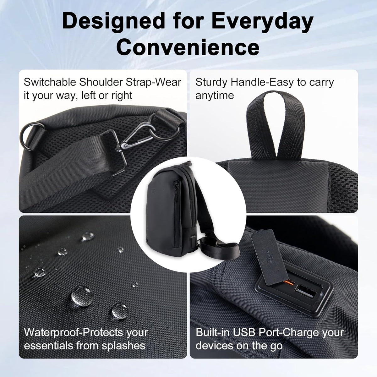 Sling Chest Backpack with USB Charging Port, Crossbody Bag for Men & Women, Waterproof Daypack for Travel, Hiking, Outdoor, Sports, Cycling, Daily Use, Black