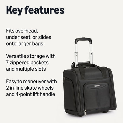 Underseat Carry-On Luggage with Wheels and Handle, 14" Rolling Travel Bag, Fits Under the Seat, Black