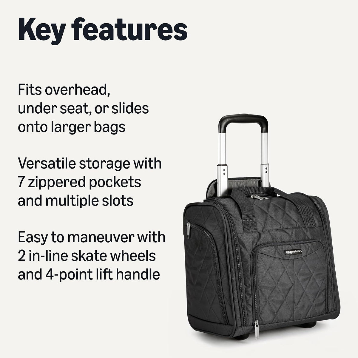 Underseat Carry-On Luggage with Wheels and Handle, 14" Rolling Travel Bag, Fits Under the Seat, Black