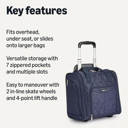 Underseat Carry-On Luggage with Wheels and Handle, 14" Rolling Travel Bag, Fits Under the Seat, Black