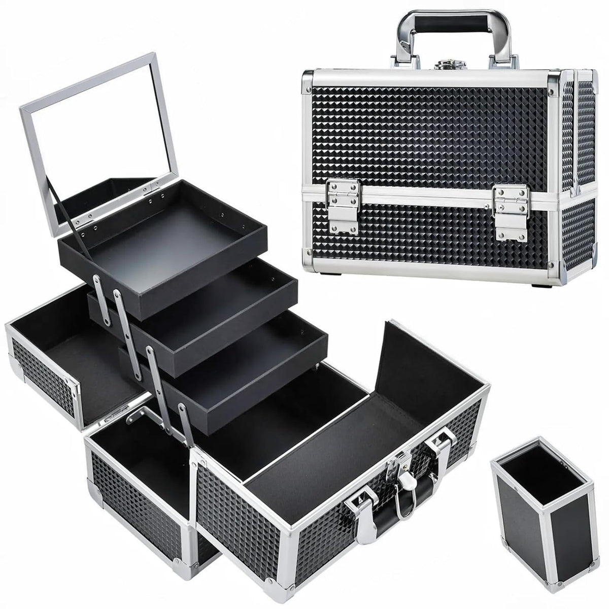 3-Tray Makeup Case with Mirror & Brush Holder, 11.6" Shine Black | Travel-ready makeup train case with lots of storage capacity. Home makeup box organizer holds cosmetics neatly and clean.