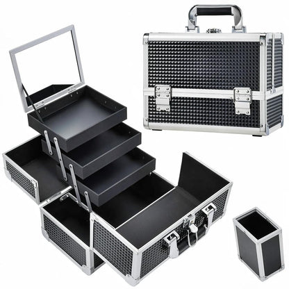 3-Tray Makeup Case with Mirror & Brush Holder, 11.6" Shine Black | Travel-ready makeup train case with lots of storage capacity. Home makeup box organizer holds cosmetics neatly and clean.