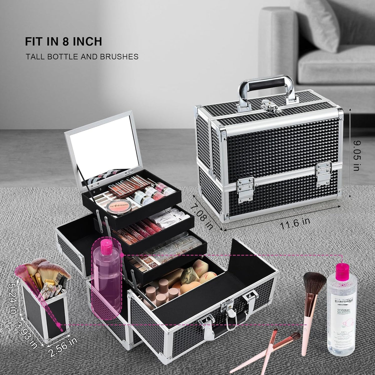3-Tray Makeup Case with Mirror & Brush Holder, 11.6" Shine Black | Travel-ready makeup train case with lots of storage capacity. Home makeup box organizer holds cosmetics neatly and clean.