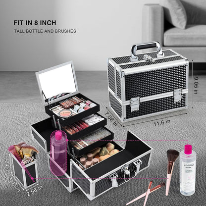 3-Tray Makeup Case with Mirror & Brush Holder, 11.6" Shine Black | Travel-ready makeup train case with lots of storage capacity. Home makeup box organizer holds cosmetics neatly and clean.