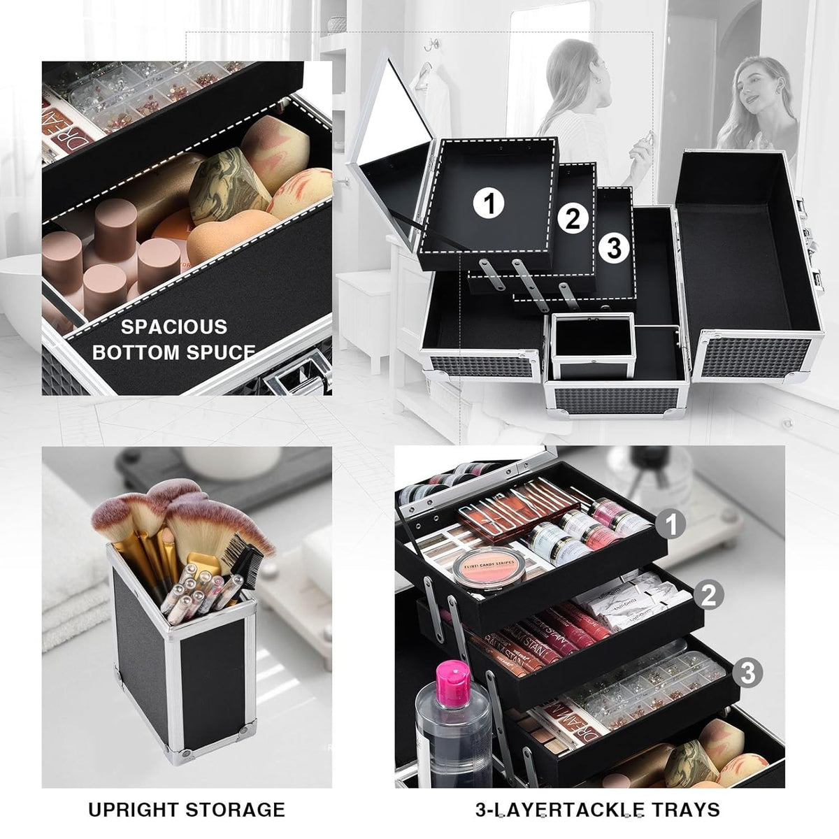 3-Tray Makeup Case with Mirror & Brush Holder, 11.6" Shine Black | Travel-ready makeup train case with lots of storage capacity. Home makeup box organizer holds cosmetics neatly and clean.