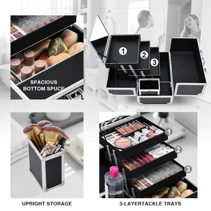 3-Tray Makeup Case with Mirror & Brush Holder, 11.6" Shine Black | Travel-ready makeup train case with lots of storage capacity. Home makeup box organizer holds cosmetics neatly and clean.