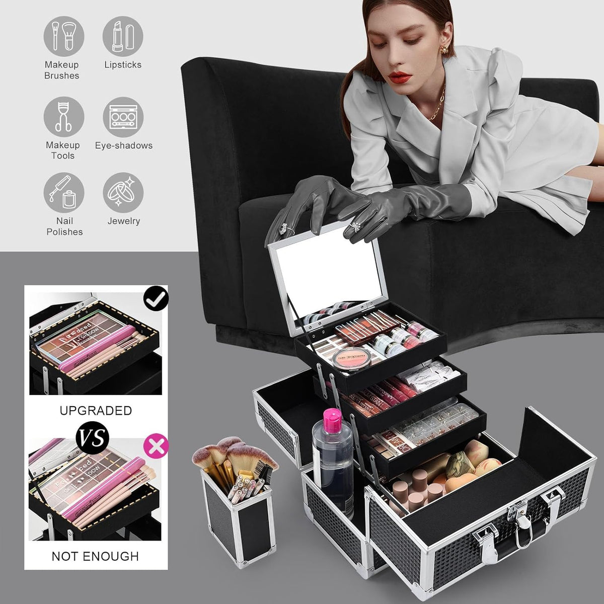 3-Tray Makeup Case with Mirror & Brush Holder, 11.6" Shine Black | Travel-ready makeup train case with lots of storage capacity. Home makeup box organizer holds cosmetics neatly and clean.