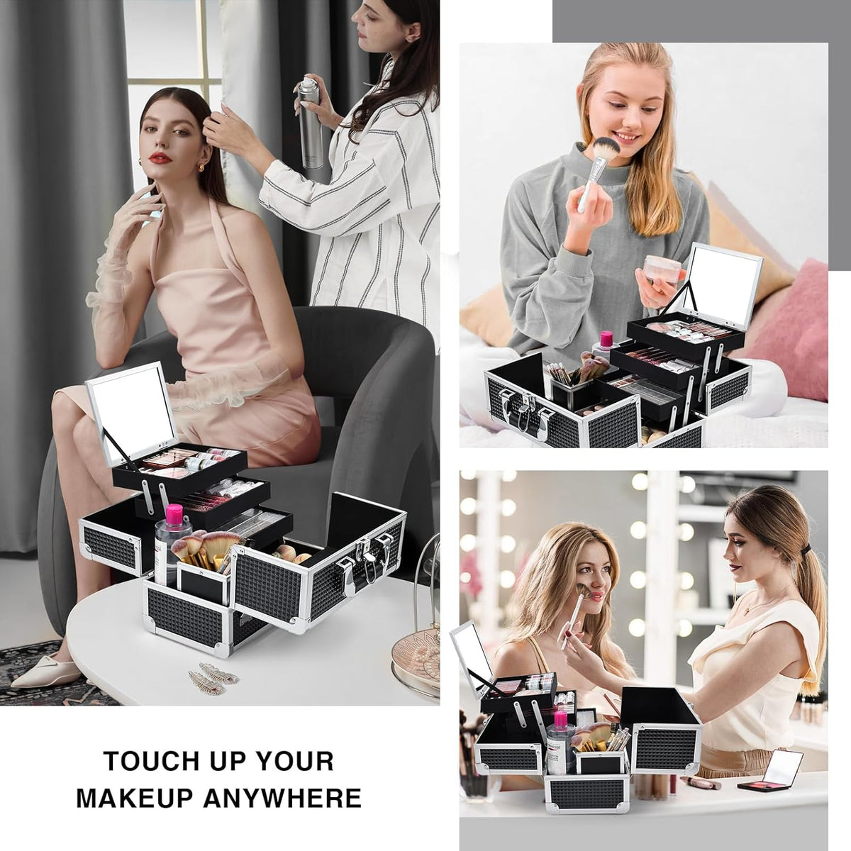 3-Tray Makeup Case with Mirror & Brush Holder, 11.6" Shine Black | Travel-ready makeup train case with lots of storage capacity. Home makeup box organizer holds cosmetics neatly and clean.