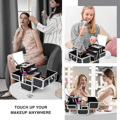 3-Tray Makeup Case with Mirror & Brush Holder, 11.6" Shine Black | Travel-ready makeup train case with lots of storage capacity. Home makeup box organizer holds cosmetics neatly and clean.