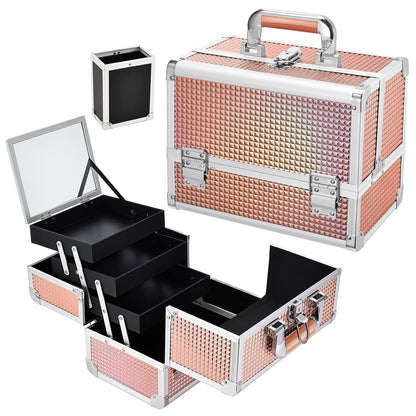 3-Tray Makeup Case with Mirror & Brush Holder, 11.6" Shine Black | Travel-ready makeup train case with lots of storage capacity. Home makeup box organizer holds cosmetics neatly and clean.
