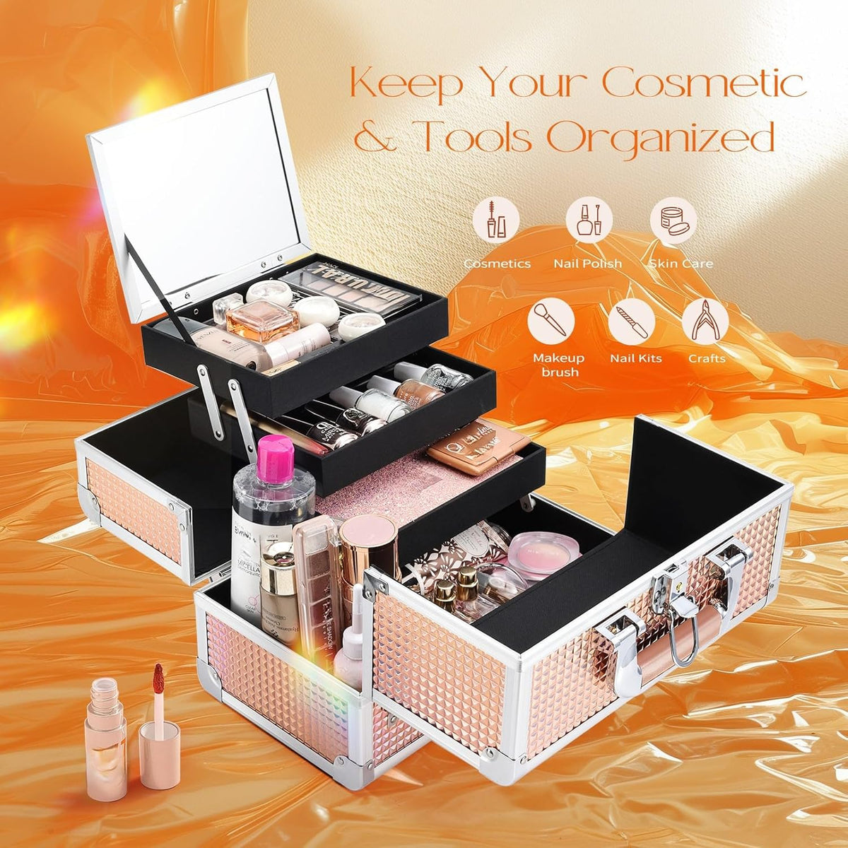 3-Tray Makeup Case with Mirror & Brush Holder, 11.6" Shine Black | Travel-ready makeup train case with lots of storage capacity. Home makeup box organizer holds cosmetics neatly and clean.